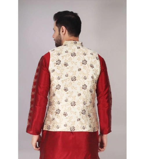 Men's Jacquard Self-Design Sleeveless Mandarin Neck Waistcoat (Cream)