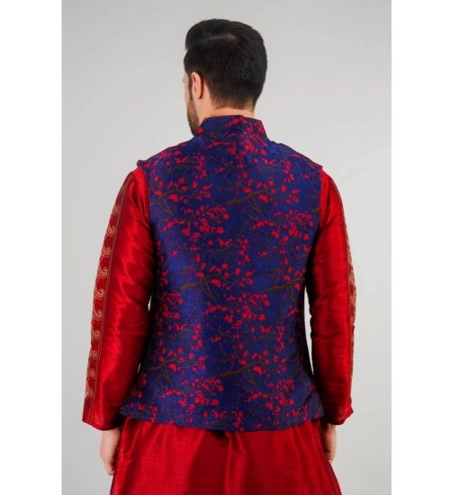 Men's Jacquard Self-Design Sleeveless Mandarin Neck Waistcoat (Blue-Red)
