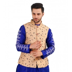 Men's Jacquard Self-Design Sleeveless Mandarin Neck Waistcoat (Beige)