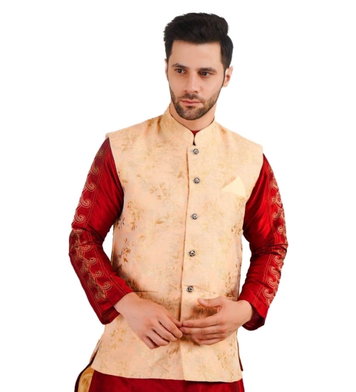 Men's Jacquard Self-Design Sleeveless Mandarin Neck Waistcoat (Beige)