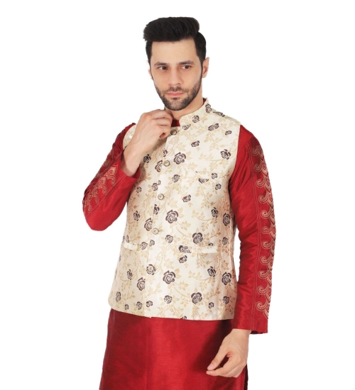 Men's Jacquard Self-Design Sleeveless Mandarin Neck Waistcoat (Cream)