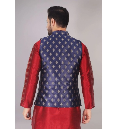 Men's Jacquard Self-Design Sleeveless Mandarin Neck Waistcoat (NavyBlue-Gold)