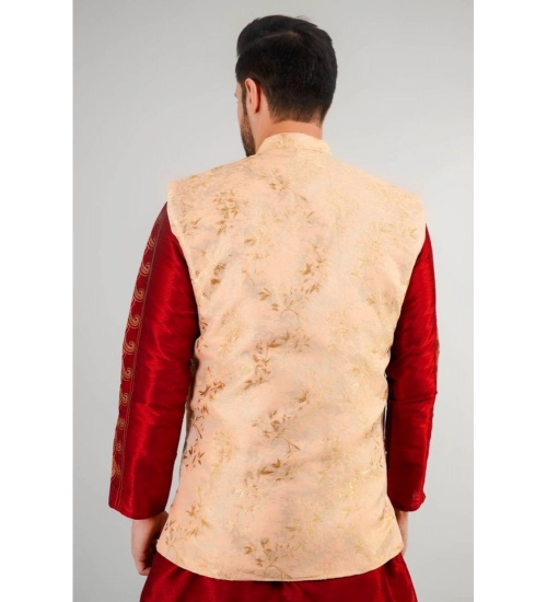 Men's Jacquard Self-Design Sleeveless Mandarin Neck Waistcoat (Beige)