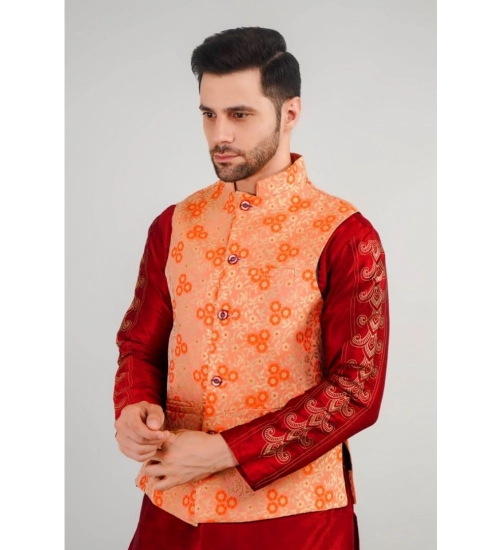 Men's Jacquard Self-Design Sleeveless Mandarin Neck Waistcoat (Orange)