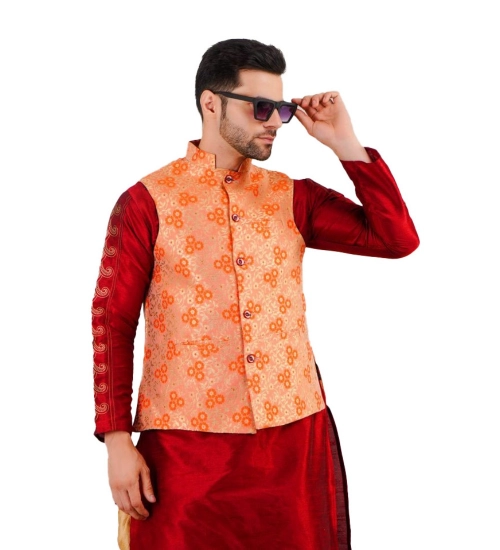 Men's Jacquard Self-Design Sleeveless Mandarin Neck Waistcoat (Orange)
