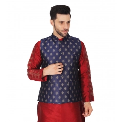 Men's Jacquard Self-Design Sleeveless Mandarin Neck Waistcoat (NavyBlue-Gold)