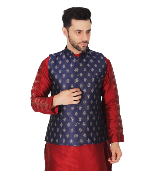 Men's Jacquard Self-Design Sleeveless Mandarin Neck Waistcoat (NavyBlue-Gold)