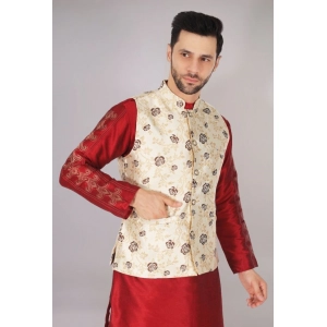 Generic Men's Jacquard Self-Design Sleeveless Mandarin Neck Waistcoat (Cream)
