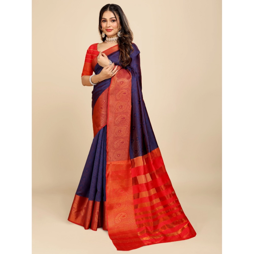 Generic Women's Organza Woven Saree With Unstitched Blouse (Dark Blue, 5.5Mtrs)