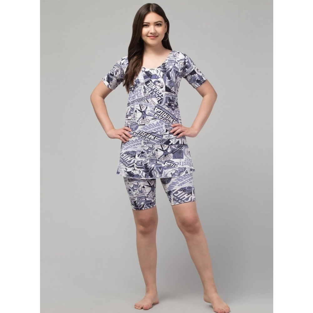 Generic Women's Polyester Spandex Printed Above Knee Slip On Round Neck Swimsuit Set (Grey)