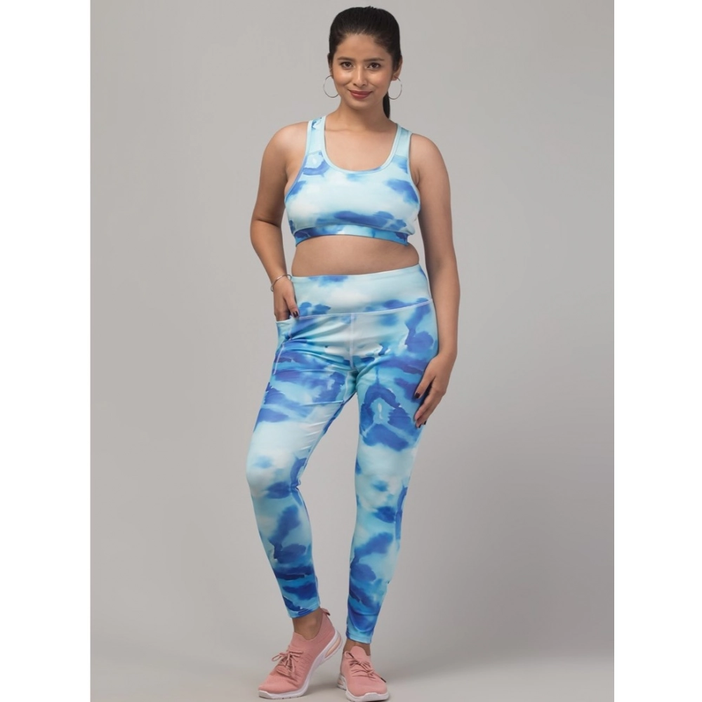 Generic Women's Polyester Spandex Printed Ankle Length High Rise Slip On Tights and Bra Set (Blue)