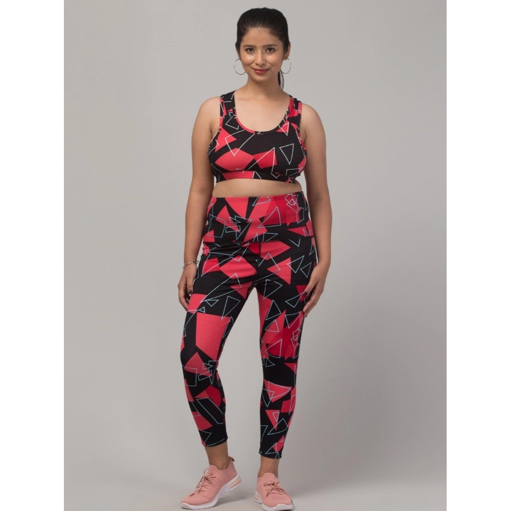 Generic Women's Polyester Spandex Printed Ankle Length High Rise Slip On Tights and Bra Set (Red)