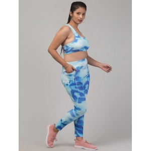 Generic Women's Polyester Spandex Printed Ankle Length High Rise Slip On Tights and Bra Set (Blue)