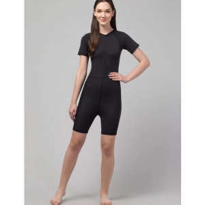Generic Women's Polyester Spandex Solid Above Knee Slip On Round Neck Swimsuit Set (Black)
