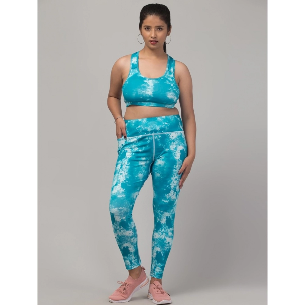 Generic Women's Polyester Spandex Printed Ankle Length High Rise Slip On Tights and Bra Set (SkyBlue)