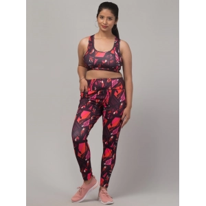 Generic Women's Polyester Spandex Printed Ankle Length High Rise Slip On Tights and Bra Set (Red)