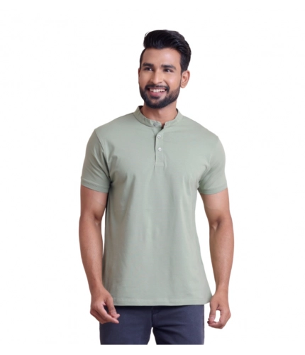 Men's Casual Cotton Solid Half Sleeve Mandarin Collar T-Shirt (Newsage)