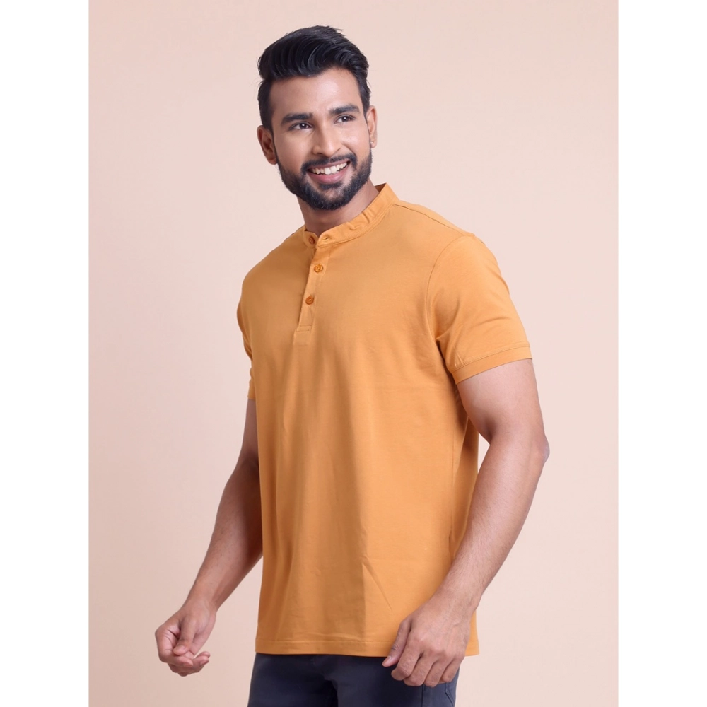 Men's Casual Cotton Solid Half Sleeve Mandarin Collar T-Shirt (Brown)