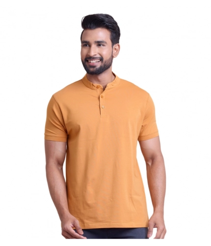 Men's Casual Cotton Solid Half Sleeve Mandarin Collar T-Shirt (Brown)