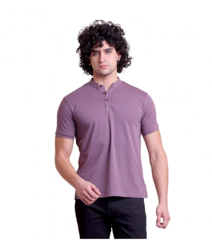 Men's Casual Cotton Solid Half Sleeve Mandarin Collar T-Shirt (Berry)
