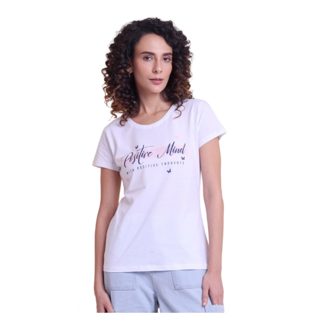Generic Women's Casual Cotton Printed Half Sleeve Round Neck T-Shirt (White)