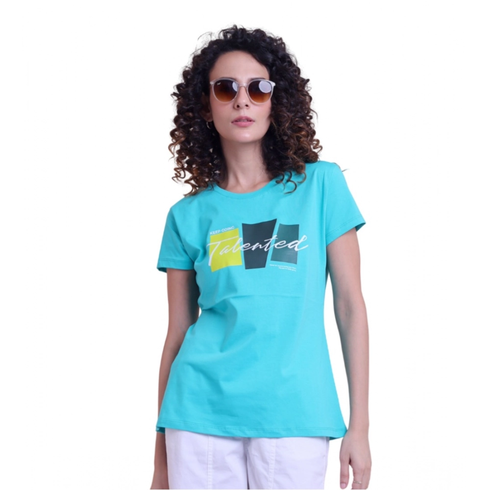 Generic Women's Casual Cotton Printed Half Sleeve Round Neck T-Shirt (Seagreen)
