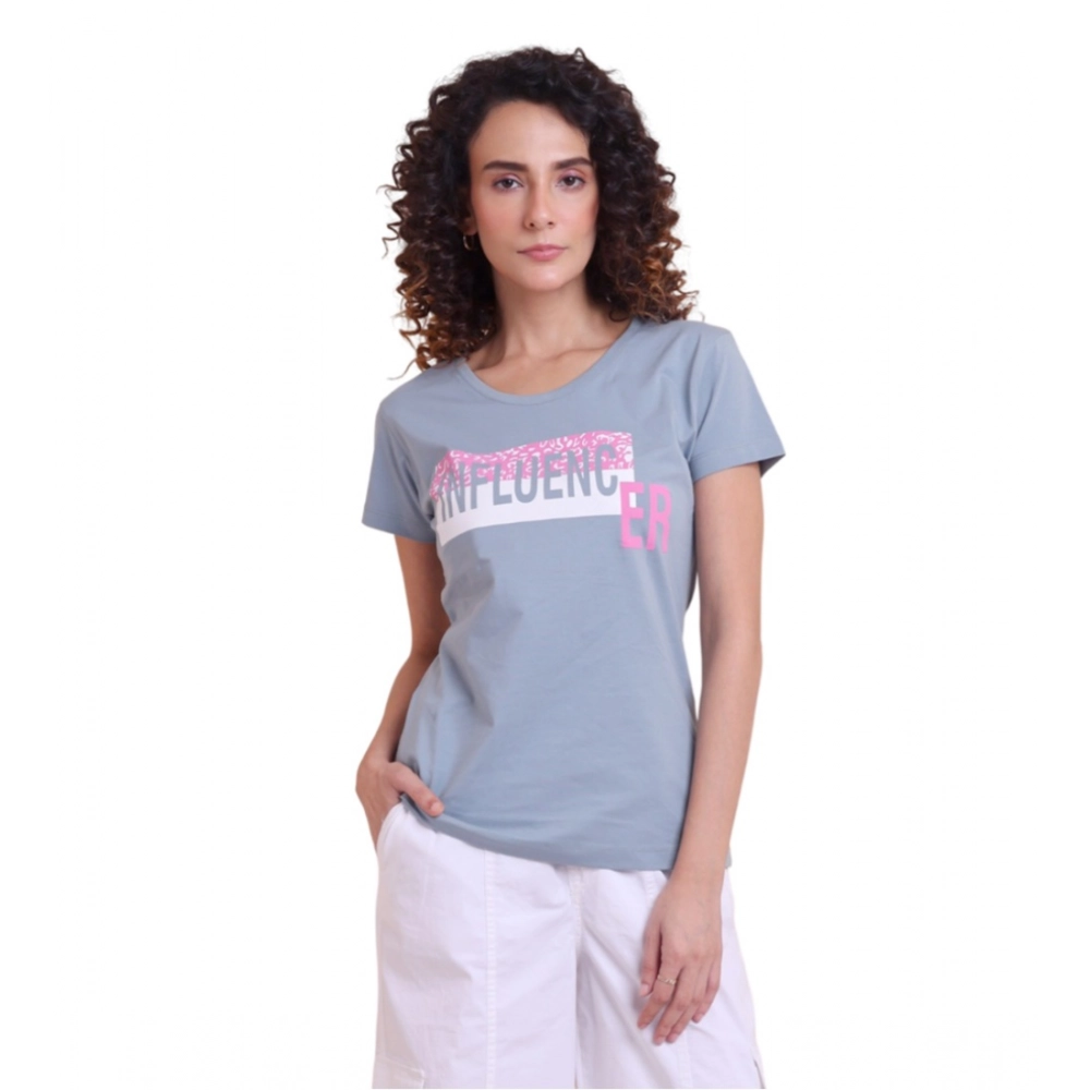 Generic Women's Casual Cotton Printed Half Sleeve Round Neck T-Shirt (Teegrey)