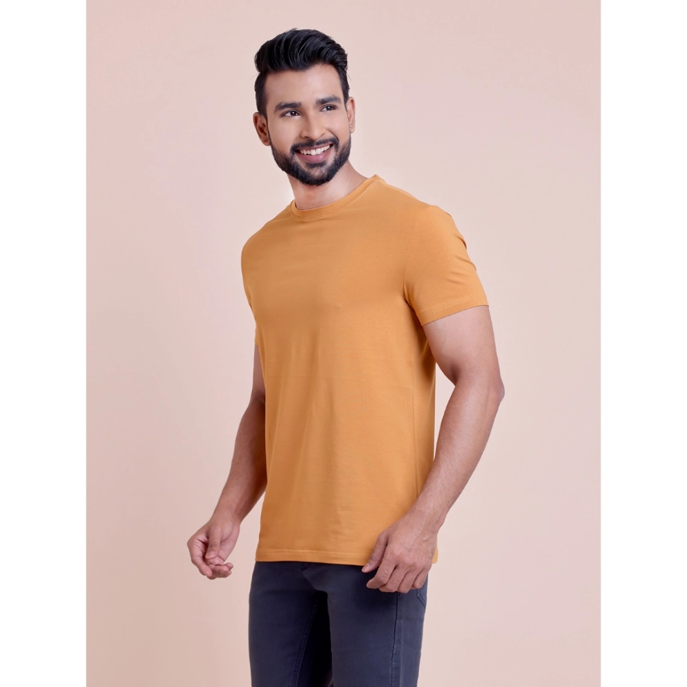 Men's Casual Cotton Solid Half Sleeve Round Neck T-Shirt (Brown)