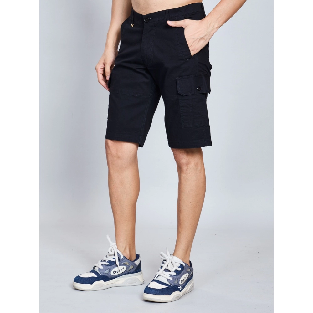 Men's Casual Cotton Solid Knee Length Cargo Shorts (Black)