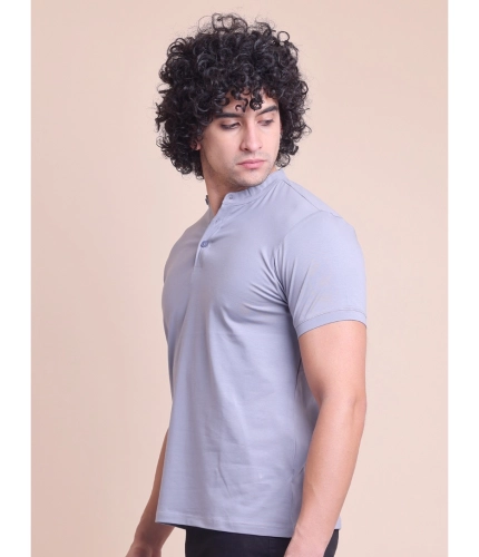 Men's Casual Cotton Solid Half Sleeve Mandarin Collar T-Shirt (Teegrey)