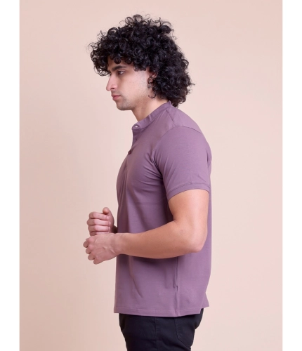 Men's Casual Cotton Solid Half Sleeve Mandarin Collar T-Shirt (Berry)