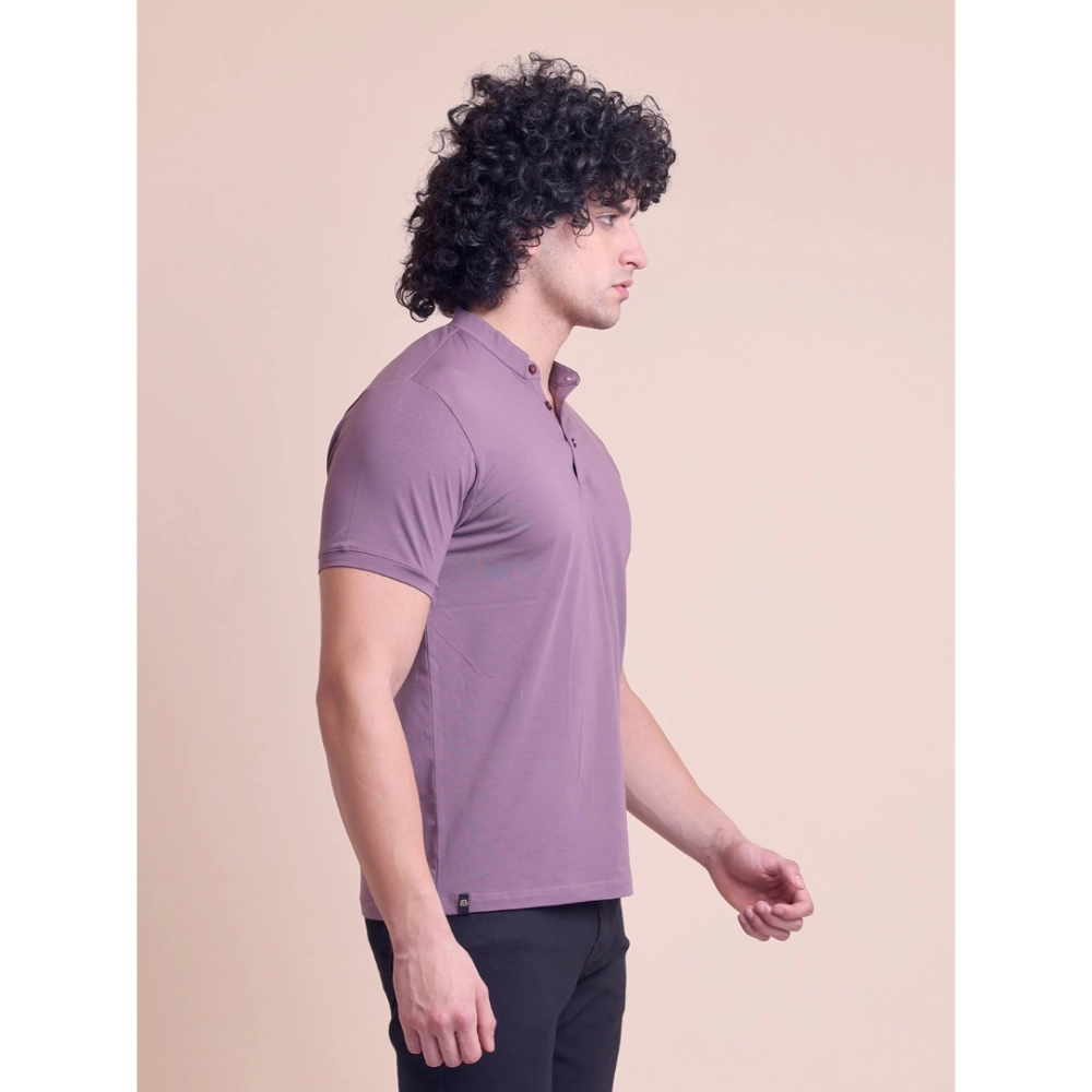 Men's Casual Cotton Solid Half Sleeve Mandarin Collar T-Shirt (Berry)