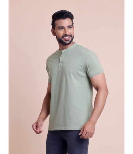 Men's Casual Cotton Solid Half Sleeve Mandarin Collar T-Shirt (Newsage)