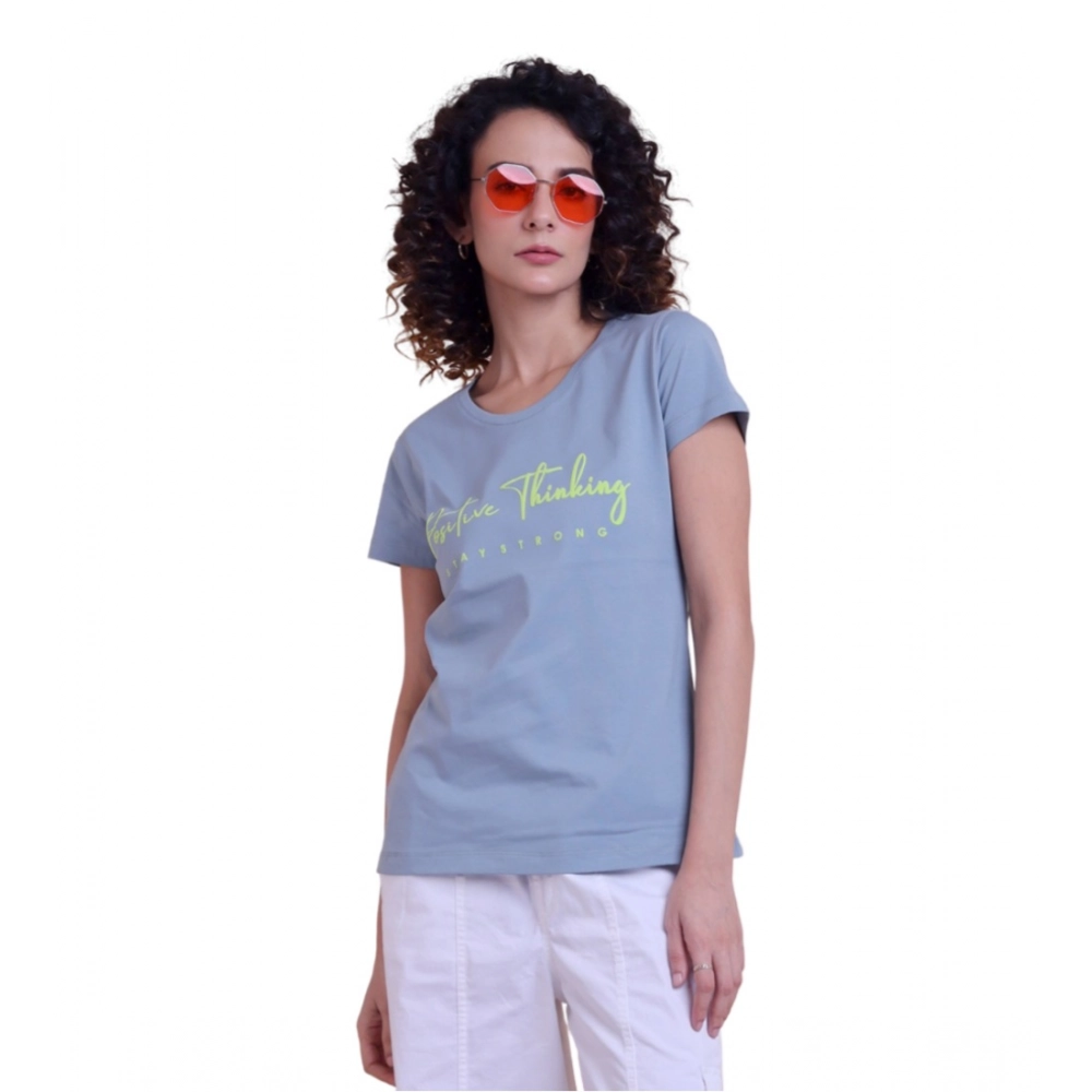 Generic Women's Casual Cotton Printed Half Sleeve Round Neck T-Shirt (Teegrey)