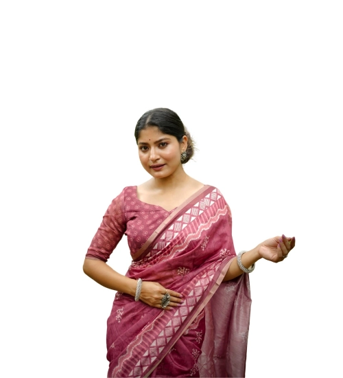 Women's Cotton Printed Saree With Unstitched Blouse (Red, 5.5 Mtr)