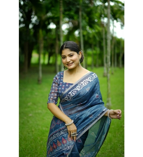 Women's Cotton Printed Saree With Unstitched Blouse (Blue, 5.5 Mtr)