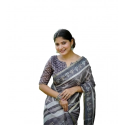 Women's Cotton Printed Saree With Unstitched Blouse (Grey, 5.5 Mtr)