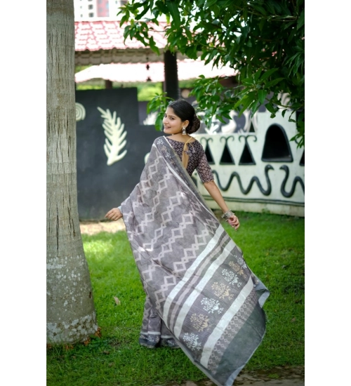Women's Cotton Printed Saree With Unstitched Blouse (Grey, 5.5 Mtr)
