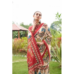 Generic Women's Tussar Silk Printed Saree With Unstitched Blouse (Maroon, 5.5 Mtr)
