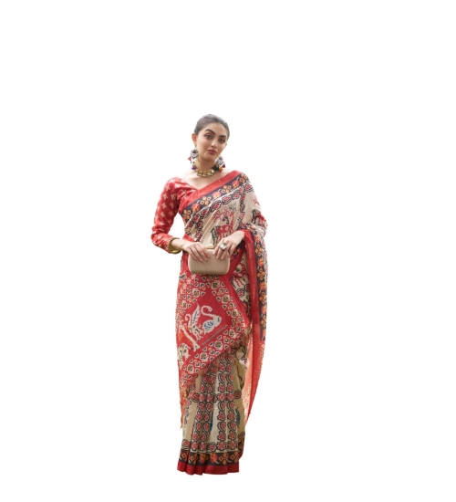 Women's Tussar Silk Printed Saree With Unstitched Blouse (Maroon, 5.5 Mtr)