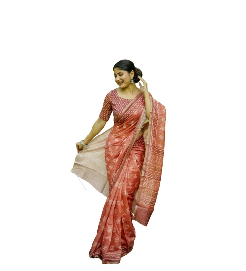 Women's Cotton Printed Saree With Unstitched Blouse (Orange, 5.5 Mtr)