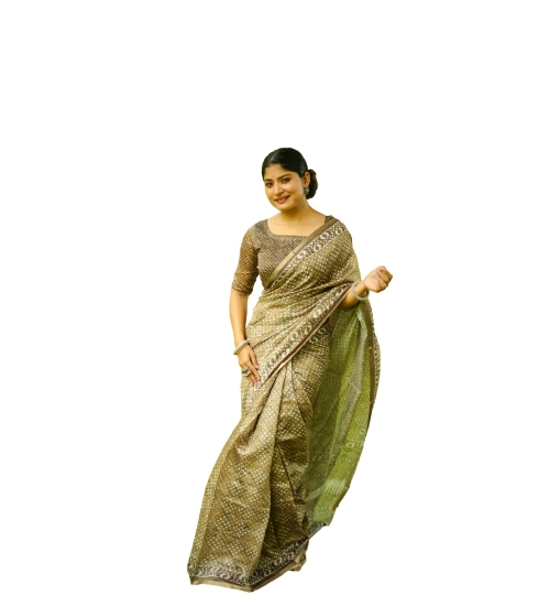 Women's Cotton Printed Saree With Unstitched Blouse (Green, 5.5 Mtr)