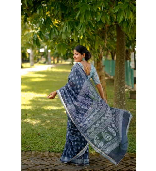 Women's Cotton Printed Saree With Unstitched Blouse (Blue, 5.5 Mtr)