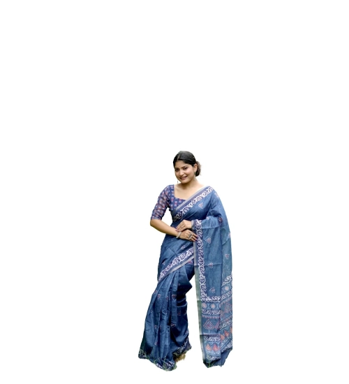 Women's Cotton Printed Saree With Unstitched Blouse (Blue, 5.5 Mtr)