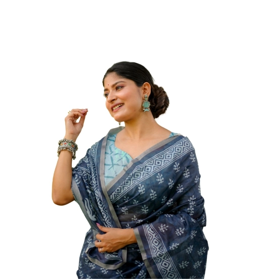 Women's Cotton Printed Saree With Unstitched Blouse (Blue, 5.5 Mtr)