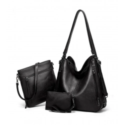 Women's PU Leather Medium Shoulder Zipper Handbag (Black)