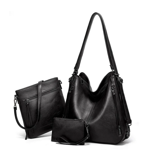 Women's PU Leather Medium Shoulder Zipper Handbag (Black)