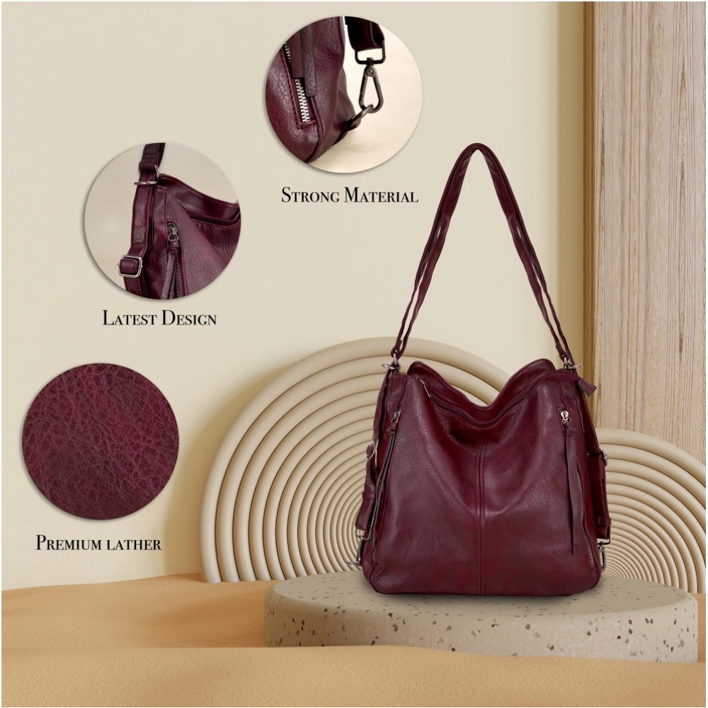 Beastofcloud Women's PU Leather Medium Shoulder Zipper Handbag (Wine red)