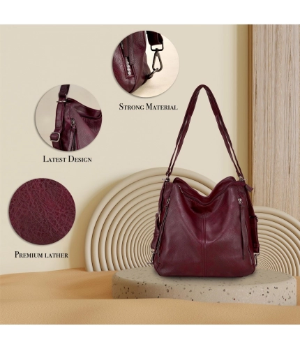 Beastofcloud Women's PU Leather Medium Shoulder Zipper Handbag (Wine red)
