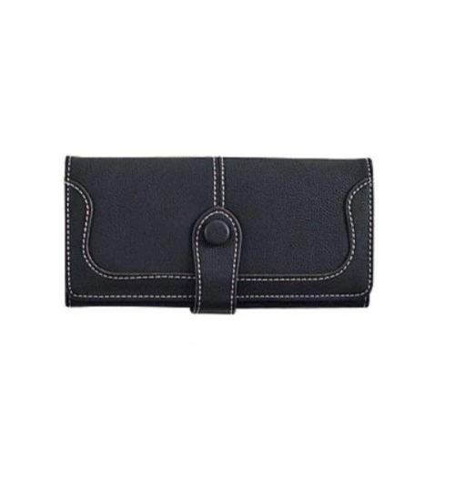 Women's Faux Leather Medium Snap Button Wallet (Black)